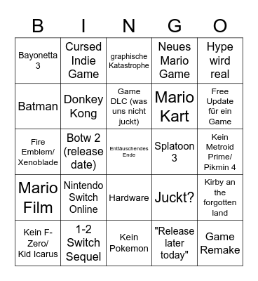 Nintendo Bingo Card