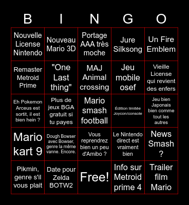 Nintendo direct Bingo Card