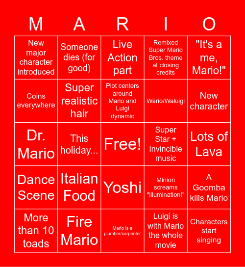 Mario Movie Predictions Bingo Card