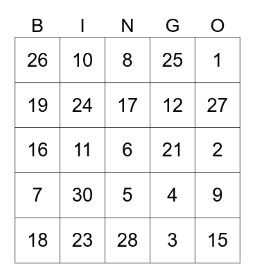 Number Bingo Card