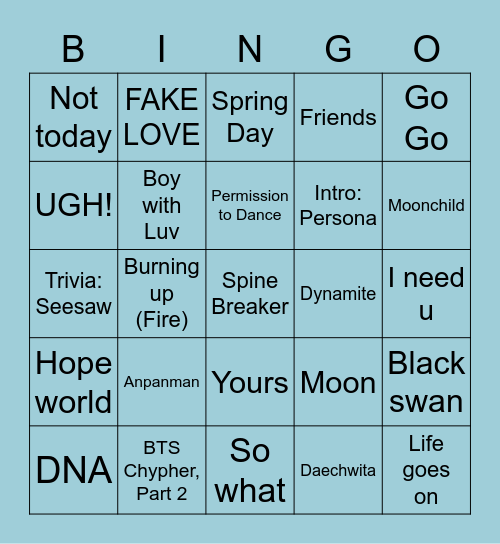 BTS Bingo Card