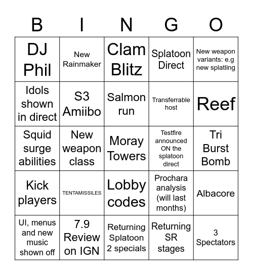 Splatoon 3 Bingo (2.0) Bingo Card
