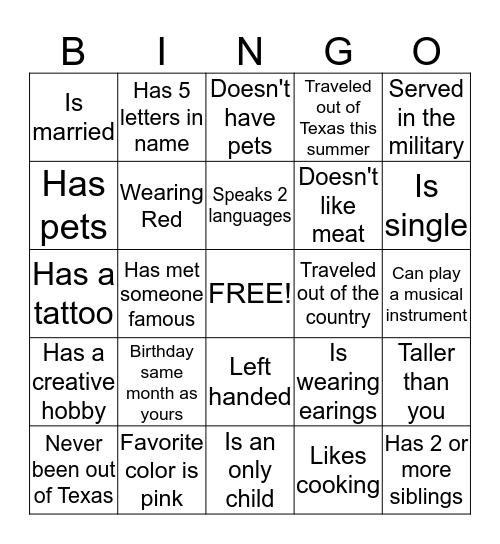 Get to know each other  Bingo Card