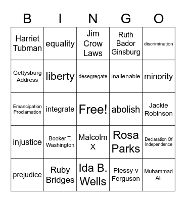 Civil Rights Vocabulary Bingo Card