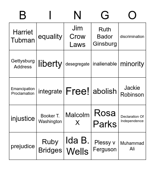 Civil Rights Vocabulary Bingo Card