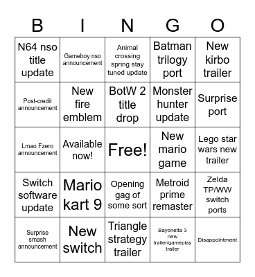 February 2022 - Nintendo Direct Bingo Card