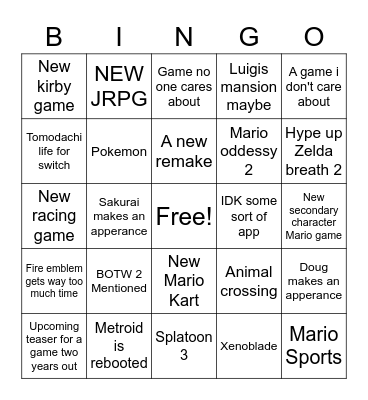 Nintendo Direct Bingo Card