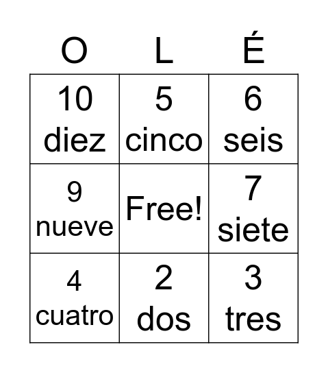 Números 1-10 Bingo Card