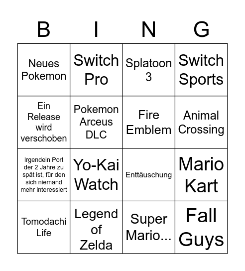 Nintendo Direct 2022 Bingo Card