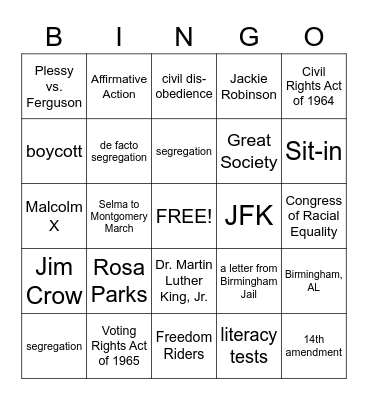 Civil Rights Bingo Card