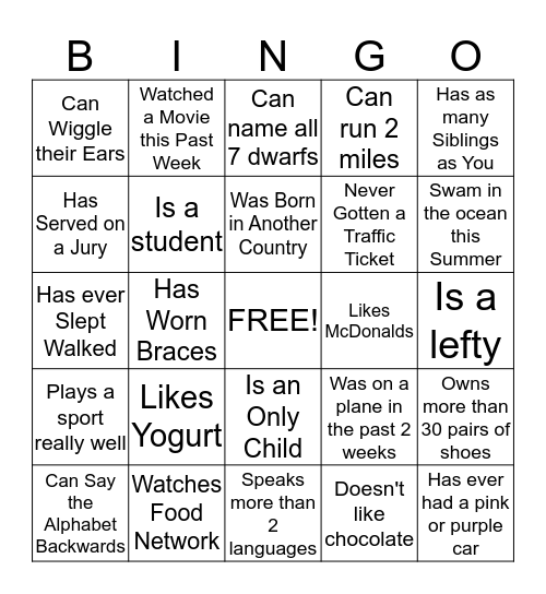 Mingle Bingo Card