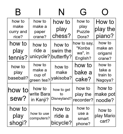 Do you know how to.................? Bingo Card