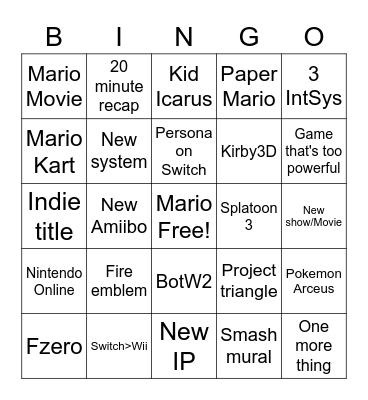 Nintendo direct Bingo Card