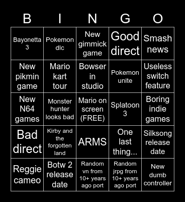 Nintendo direct Bingo Card