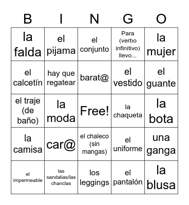 La Ropa Bingo Card
