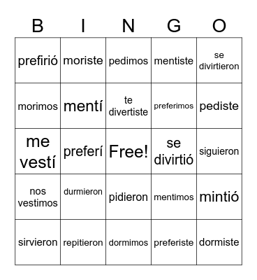 Preterite Stem-Changing Verbs Bingo Card