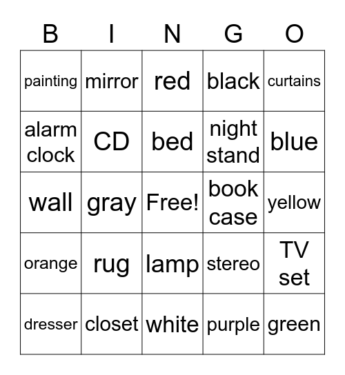 Bedrooms and Colors Bingo Card
