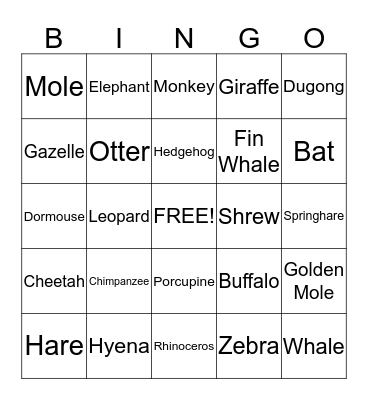 African Animal Bingo Card