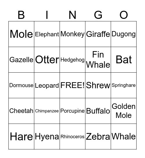 African Animal Bingo Card