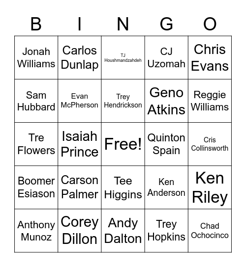 Cincinnati Bengals Bingo Card