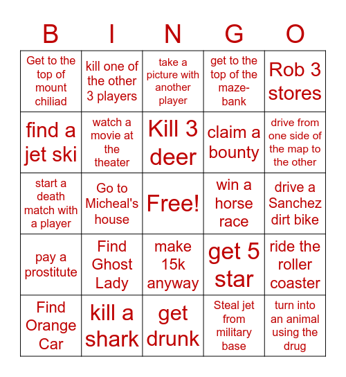 GTA Bingo Card