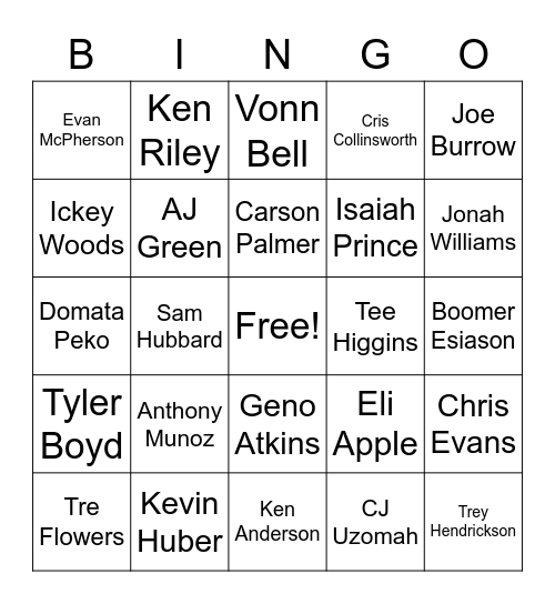 Cincinnati Bengals Bingo Card