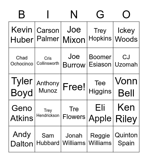 Cincinnati Bengals Bingo Card