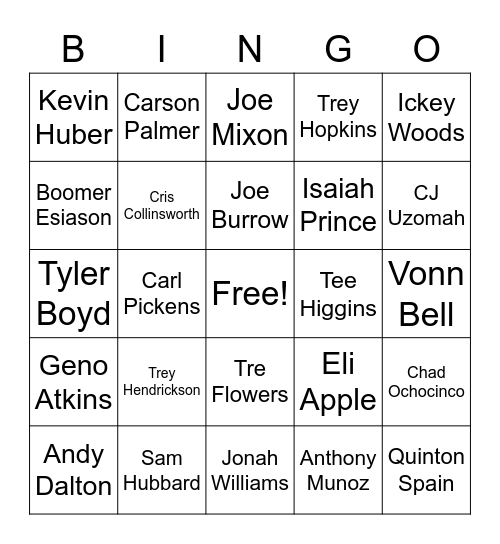 Cincinnati Bengals Bingo Card