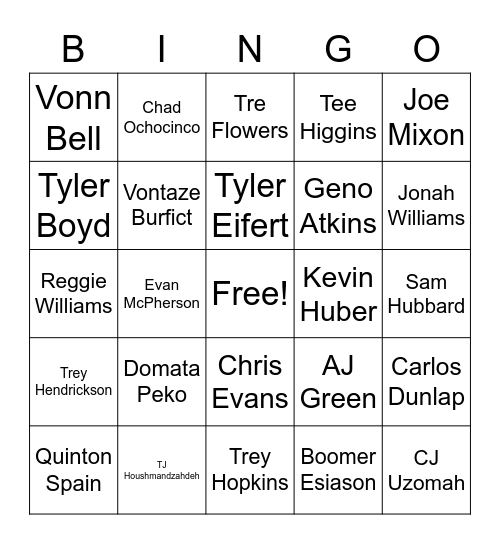 Cincinnati Bengals Bingo Card