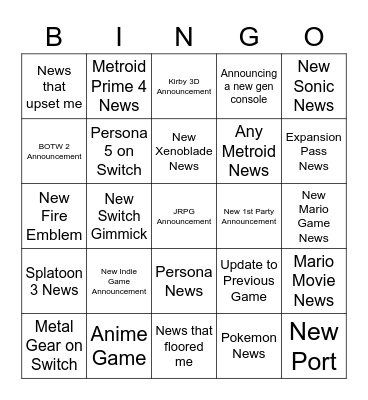 Nintendo Direct Bingo Card