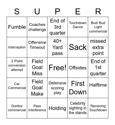 Super Bowl LVI Bingo Card