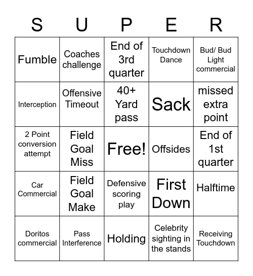 Super Bowl LVI Bingo Card