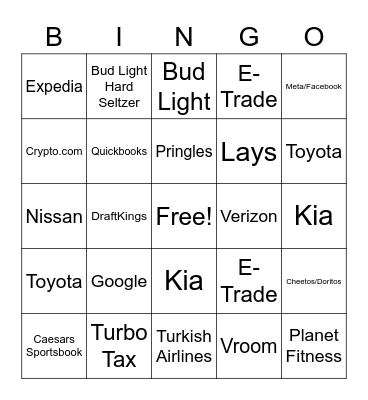 Super Bowl 2022 Commercials Bingo Card