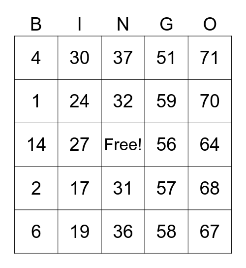 Number Bingo 1-75 Bingo Card