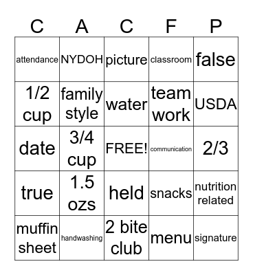 Child and Adult Care Food Program Bingo Card