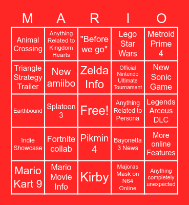 Nintendo Direct Bingo Card