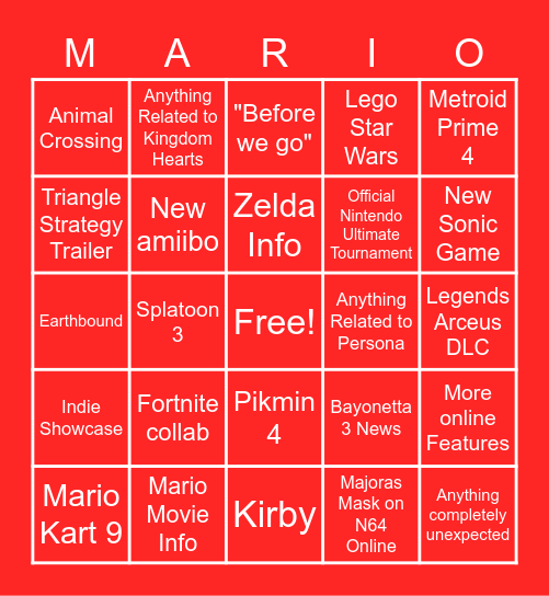 Nintendo Direct Bingo Card