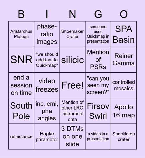 LROC bingo: Day 2 Bingo Card