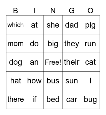 Sight Words Bingo Card