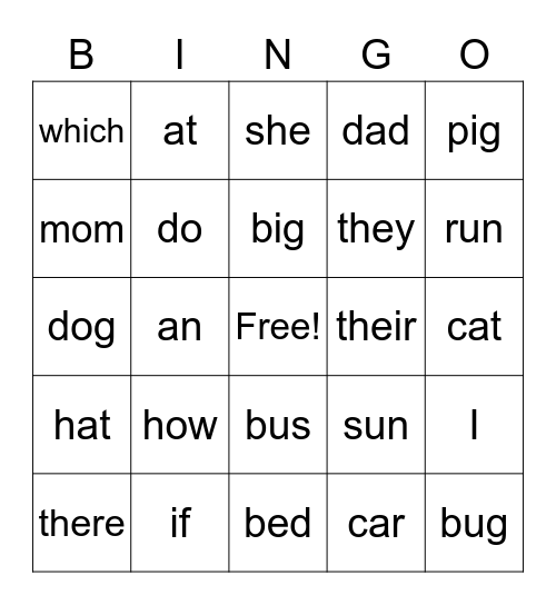 Sight Words Bingo Card