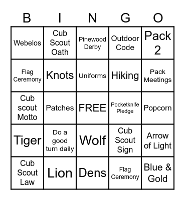 Cub Scout BINGO Card