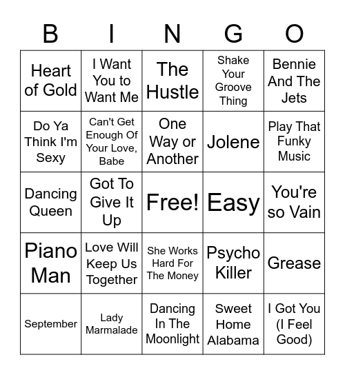 70's Music Bingo Card