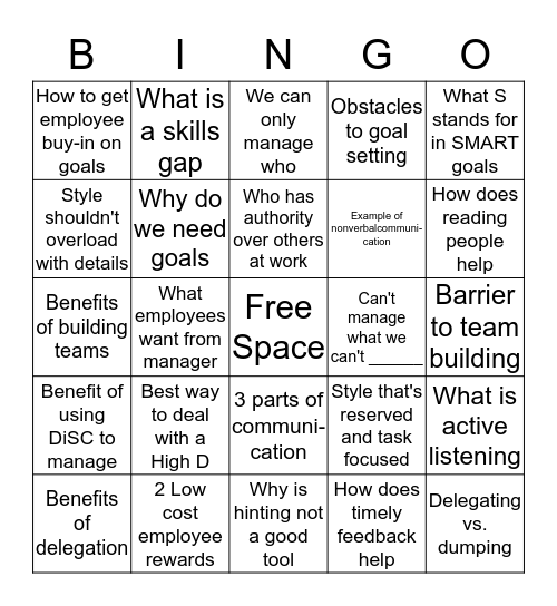 Managment Training Boot Camp Bingo Card