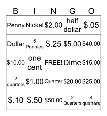 Money Bingo Card