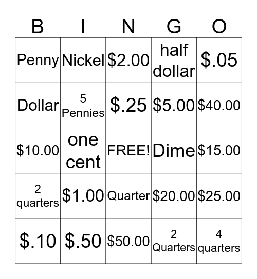 Money Bingo Card