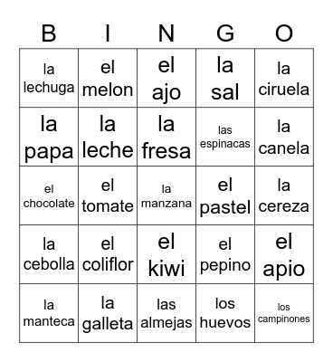 La comida Bingo Card