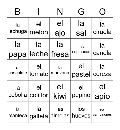 La comida Bingo Card