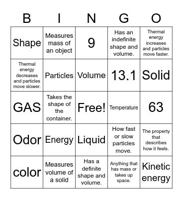 States of Matter Bingo Card