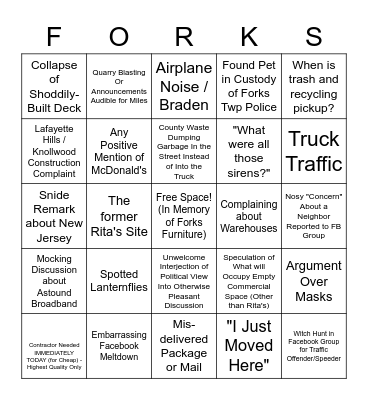 Forks Township Bingo - 2022 Edition Bingo Card