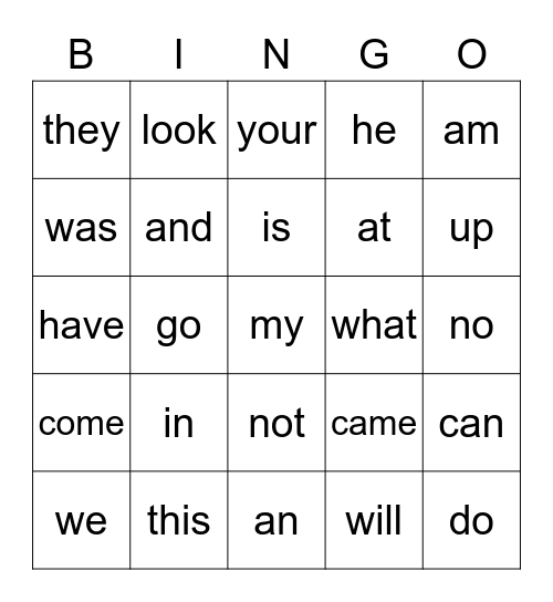Sight Word Bingo Card